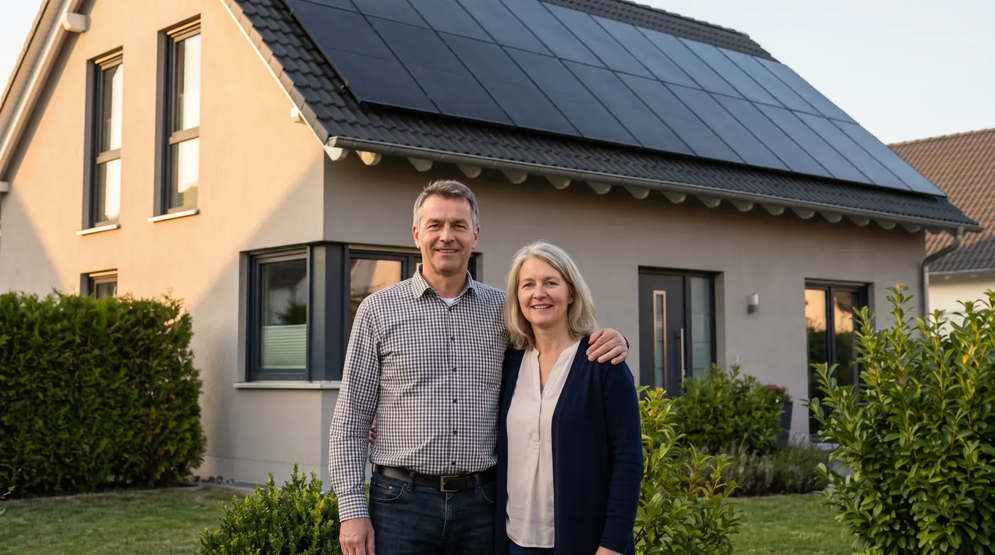 Hausbesitzer-Paar vor dem eigenen Haus mit Solaranlage